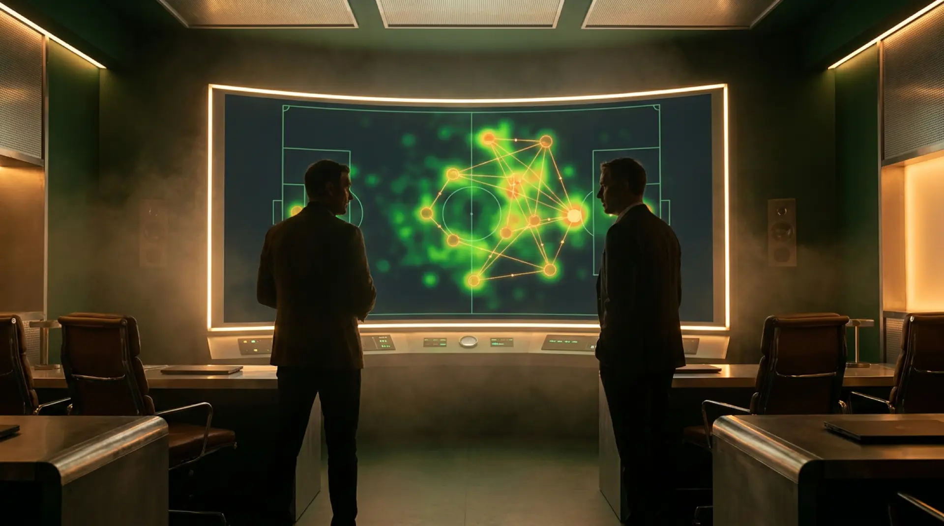 Trainer vor Analyse-Screen mit Heatmap und Passnetz